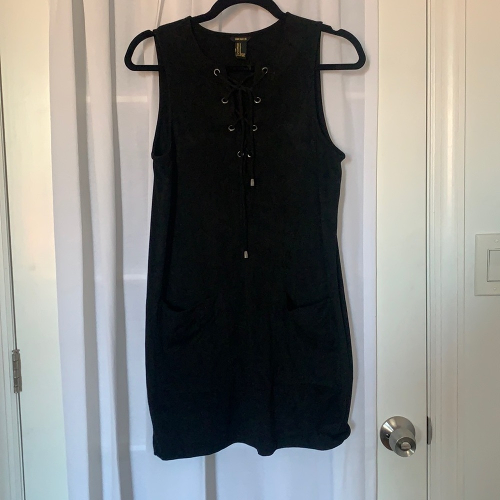 Black suede dress with pockets and tie front